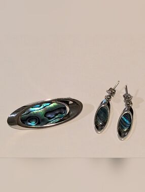 Vintage Paua Shell Brooch and Ear Clips Set - 60s - Silver Tone - Neat!